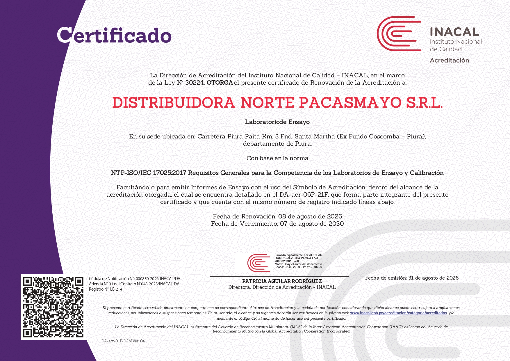 Certificado de acreditación INACAL, sede Piura