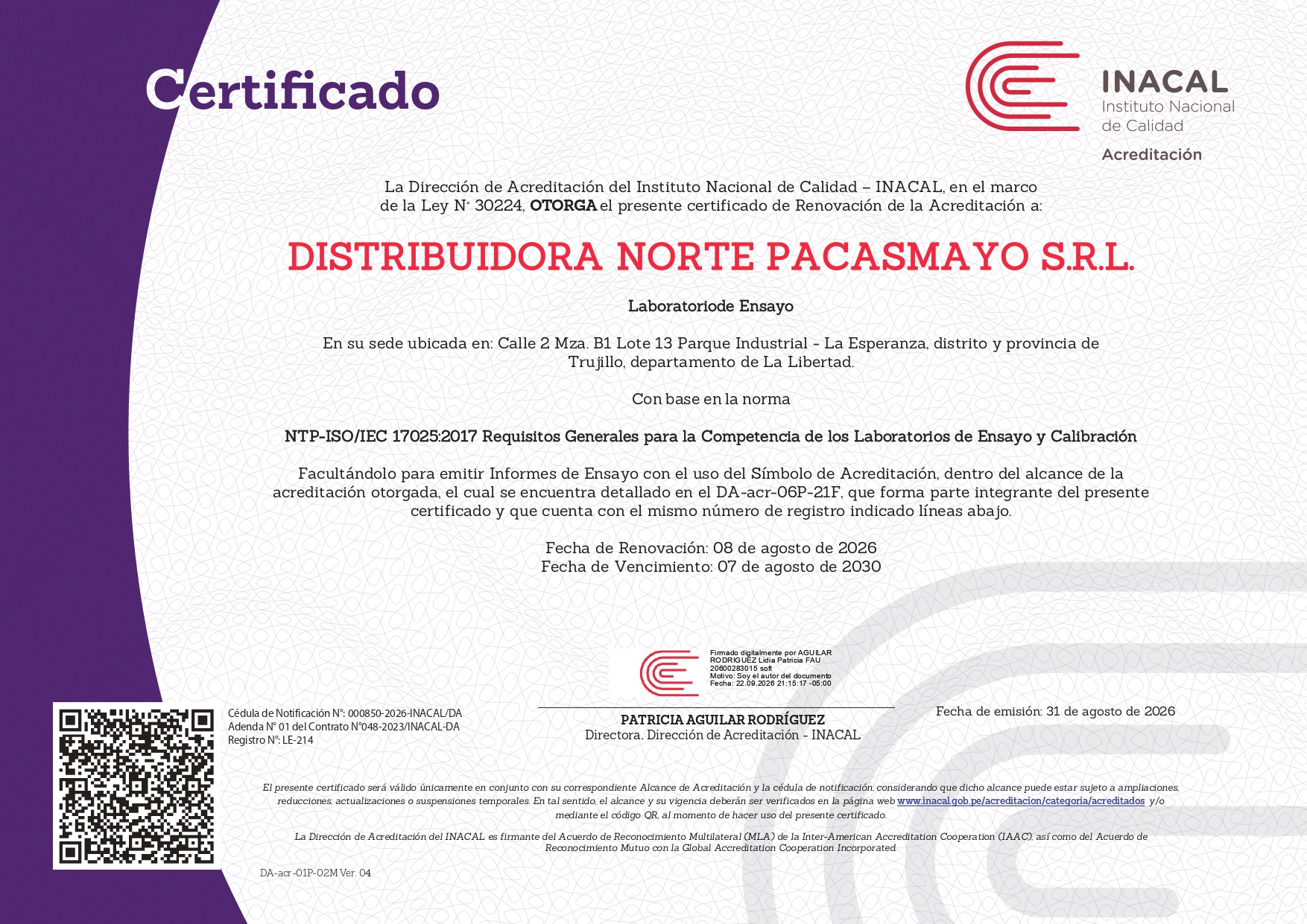 Certificado de acreditación INACAL, sede Trujillo